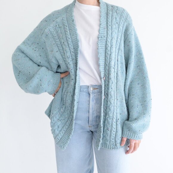 Vintage Maggie Lawrence Sport Cable Knit Blue Button Up Cardigan Sweater XL - Picture 1 of 10